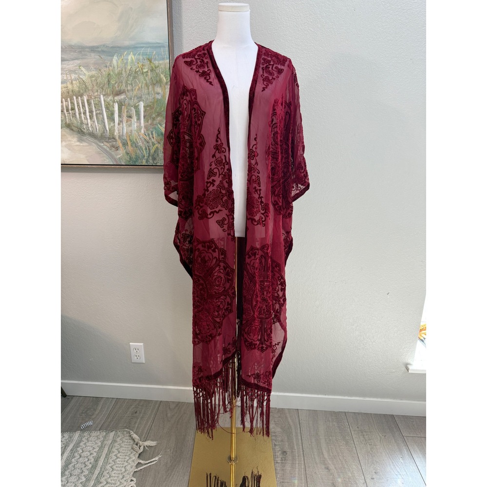 Torrid Burgundy Burnout Velvet Fringe Kimono Wrap Mandala Sheer Plus Size 3/4